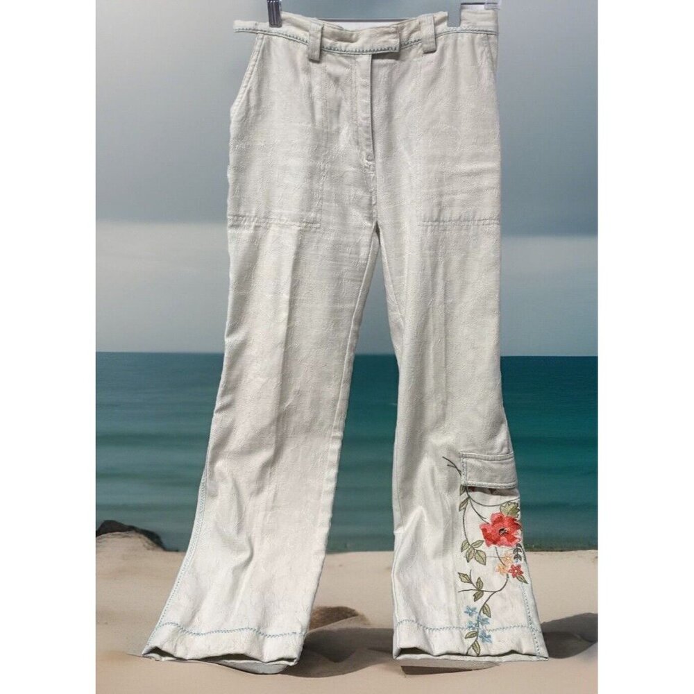 Susan Bristol Women Boho Chic  Casual Pants Sz 8 Embroidery  Floral Designer
